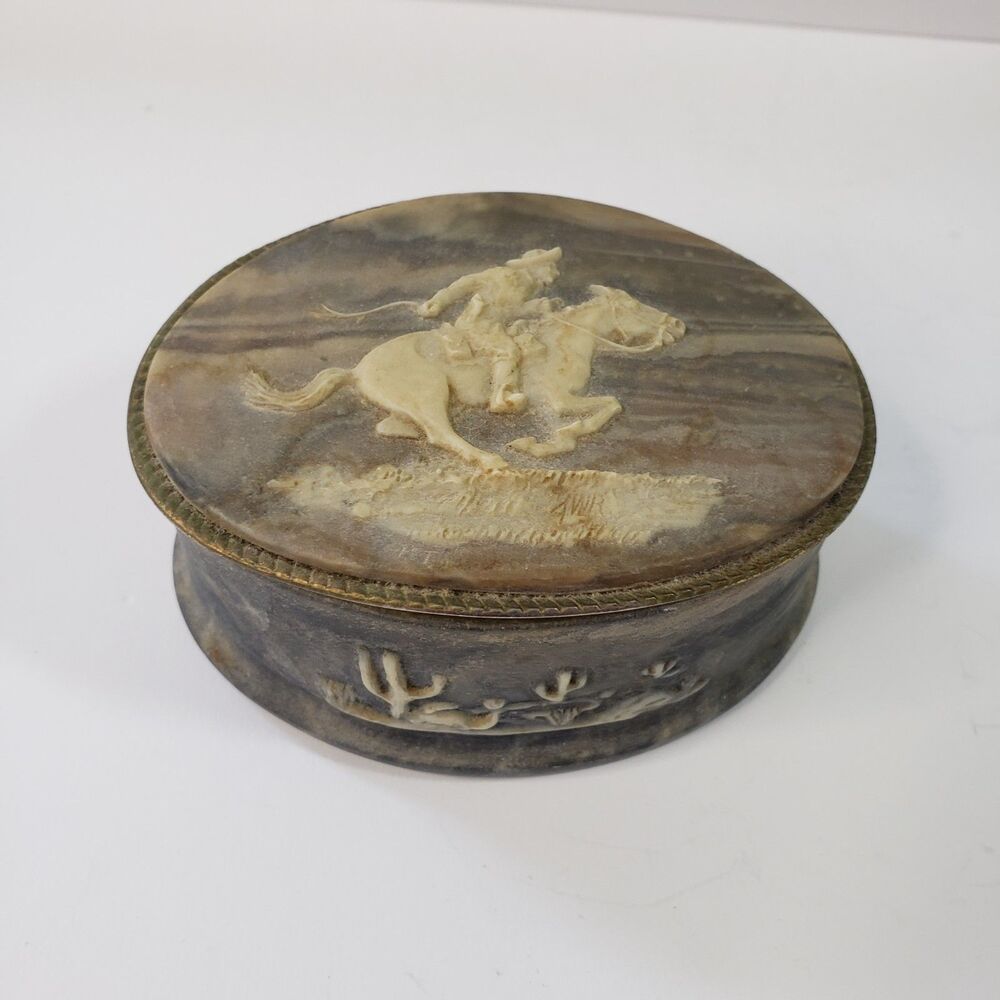 Vintage JW Roberts Incolay Blue Gray Trinket Box w/Belt Buckle Lid Pony Express